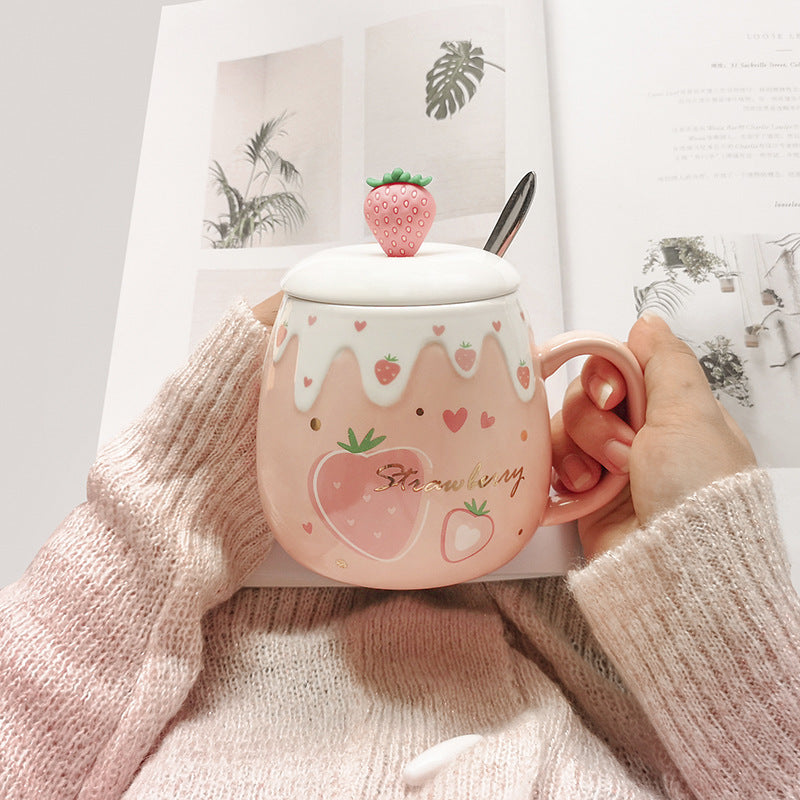 Ceramic Cup Female With Lid Spoon Mug Creative Personality Trend Water Cup Home Milk Breakfast Coffee Cup