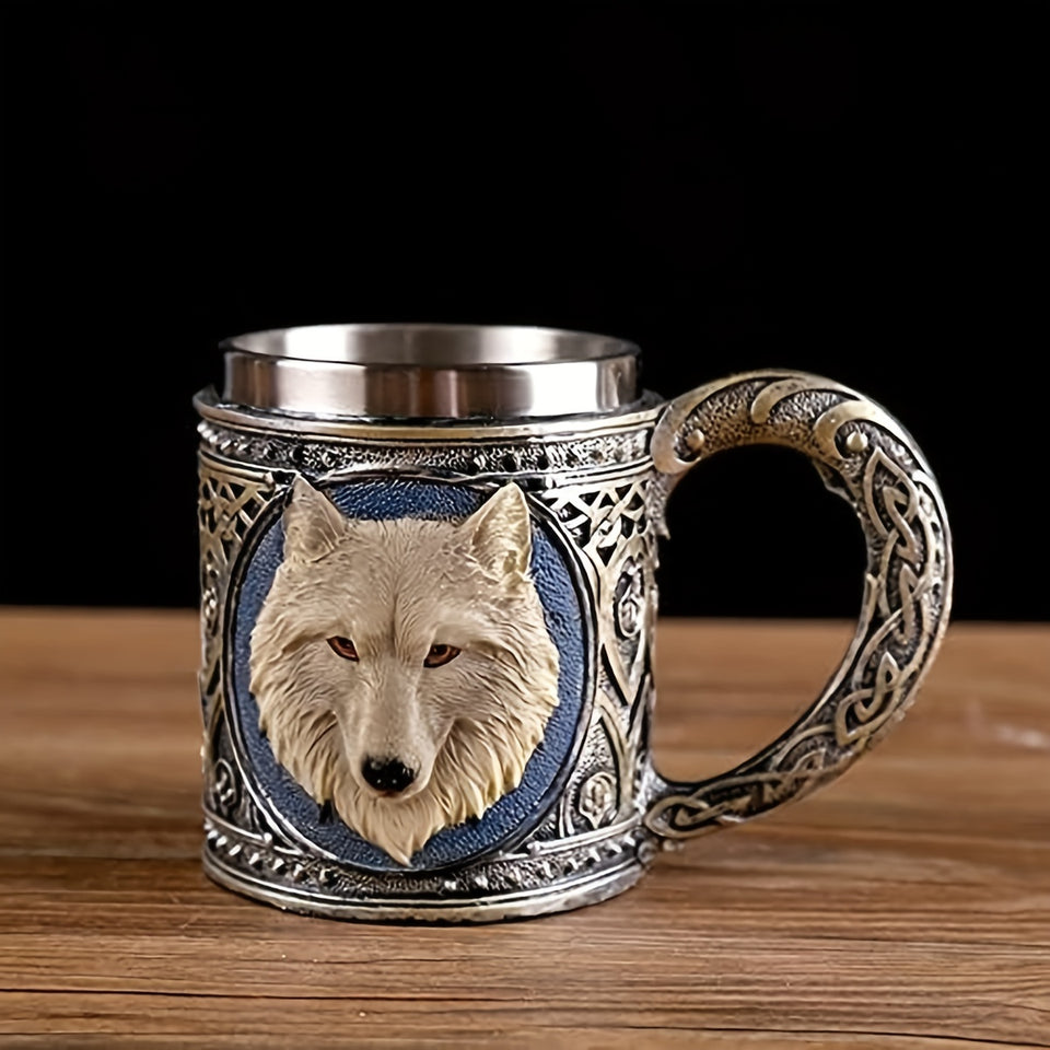 [Wolf Magic Mug] Gray Wolf Celtic Tribe Magic Resin Mug with Stainless Steel Rim | Suitable for Coffee, Tea, Cereal, And Drinks | Perfect for Halloween Parties And Kitchen Decor Featuring Wolf Forest Totem Beer Cup for Bar De