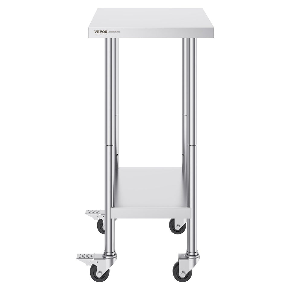 VEVOR Stainless Steel Work Table 24 X 18 X 38 Inch, With 4 Wheels, 3 Adjustable Height Levels, Heavy Duty Food Prep Worktable For Commercial Kitchen Restaurant, Silver