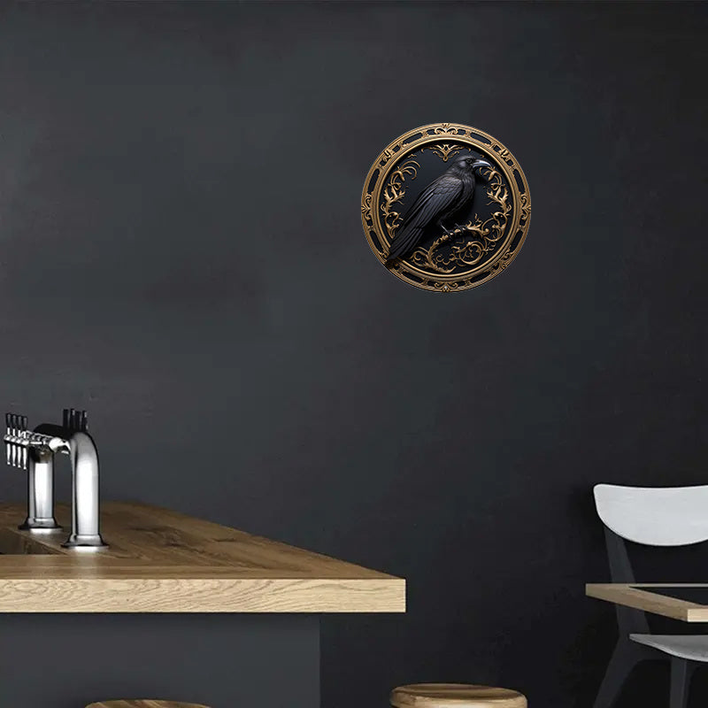 1pc 7.87X7.87inch Round Metal Aluminum Mark Gothic Raven For Home, Living Room, Coffee Shop, Wall Decoration Art