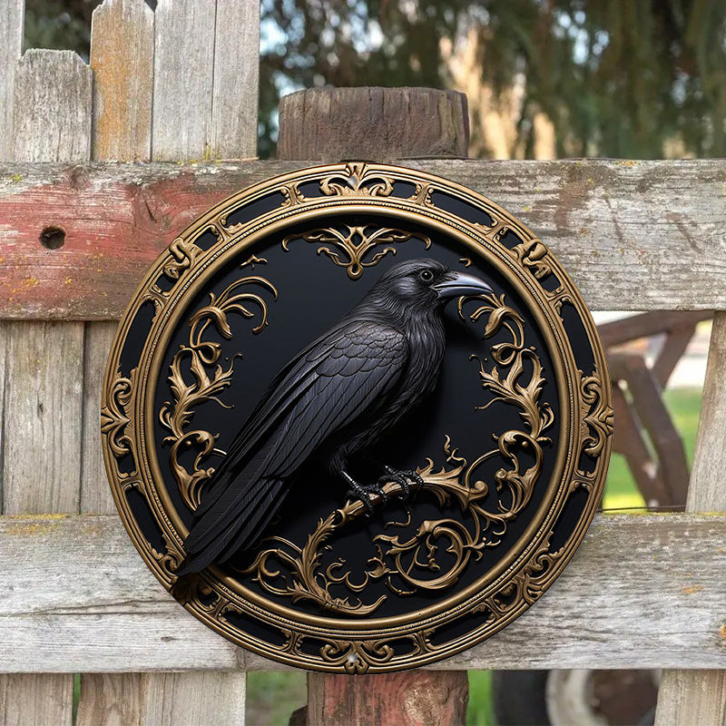 1pc 7.87X7.87inch Round Metal Aluminum Mark Gothic Raven For Home, Living Room, Coffee Shop, Wall Decoration Art