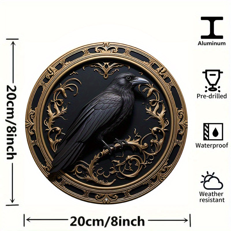 1pc 7.87X7.87inch Round Metal Aluminum Mark Gothic Raven For Home, Living Room, Coffee Shop, Wall Decoration Art