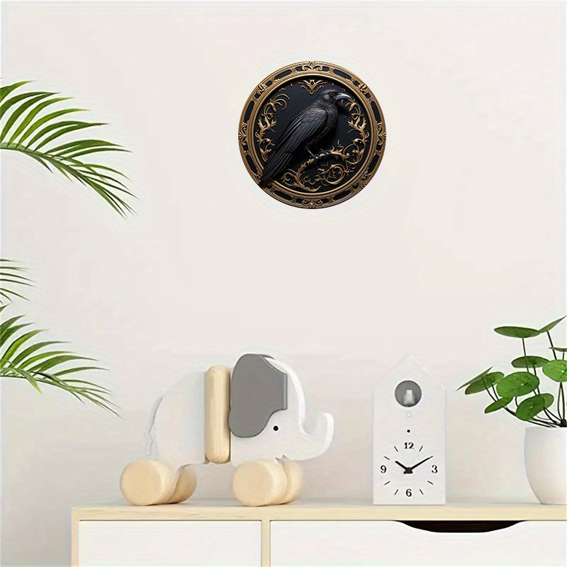 1pc 7.87X7.87inch Round Metal Aluminum Mark Gothic Raven For Home, Living Room, Coffee Shop, Wall Decoration Art