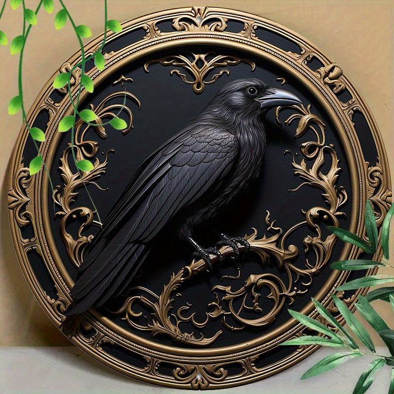 1pc 7.87X7.87inch Round Metal Aluminum Mark Gothic Raven For Home, Living Room, Coffee Shop, Wall Decoration Art