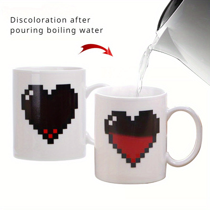 Pixel Heart Heat Sensitive Color Changing Ceramic Coffee Mug, 11.16oz Magic Heat-Reactive Cup - Ideal Valentine's Day Gift