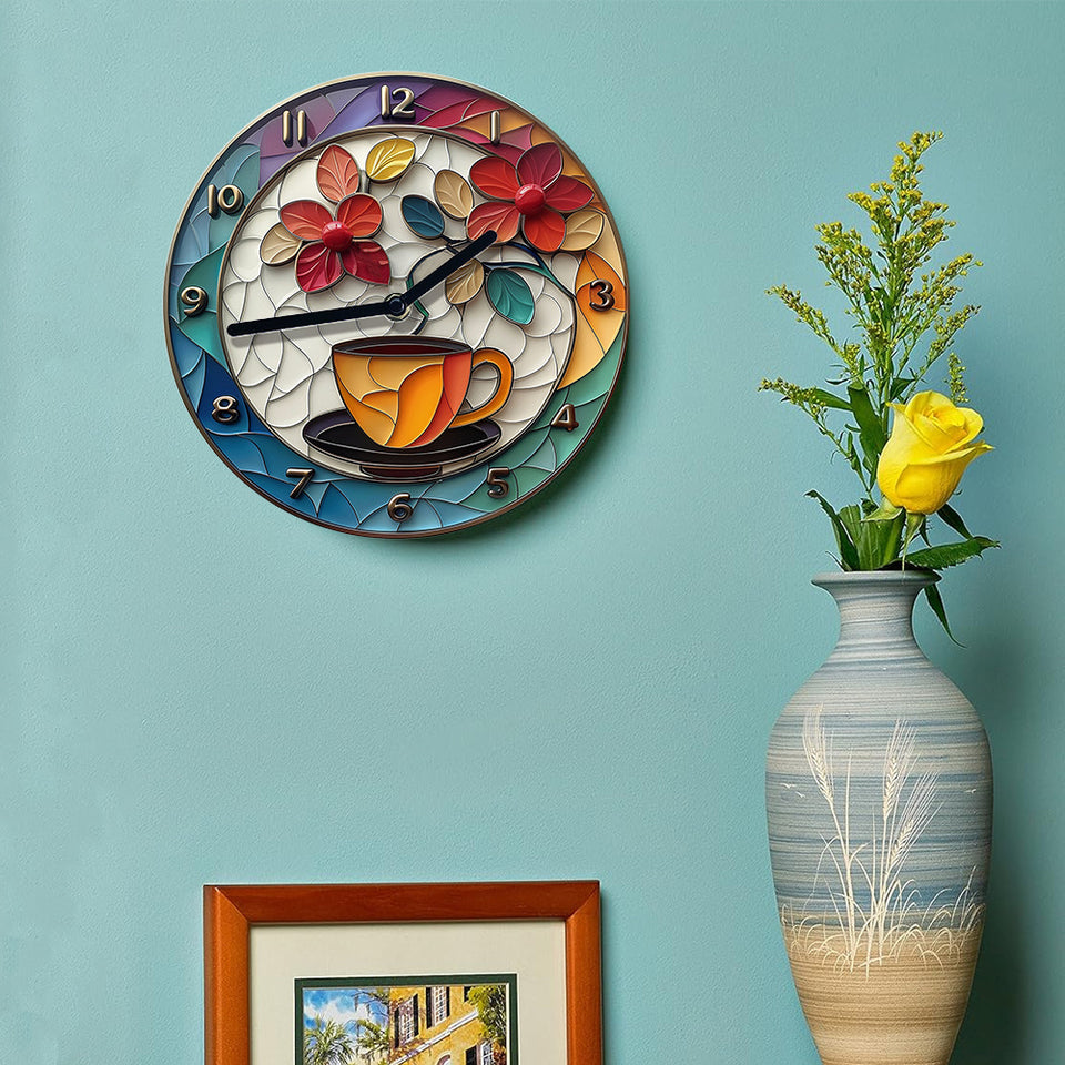 Silent 8X8" Aluminum Wall Clock With Coffee Theme - Perfect For Bedroom, Mother'S Day & Independence Day Decor