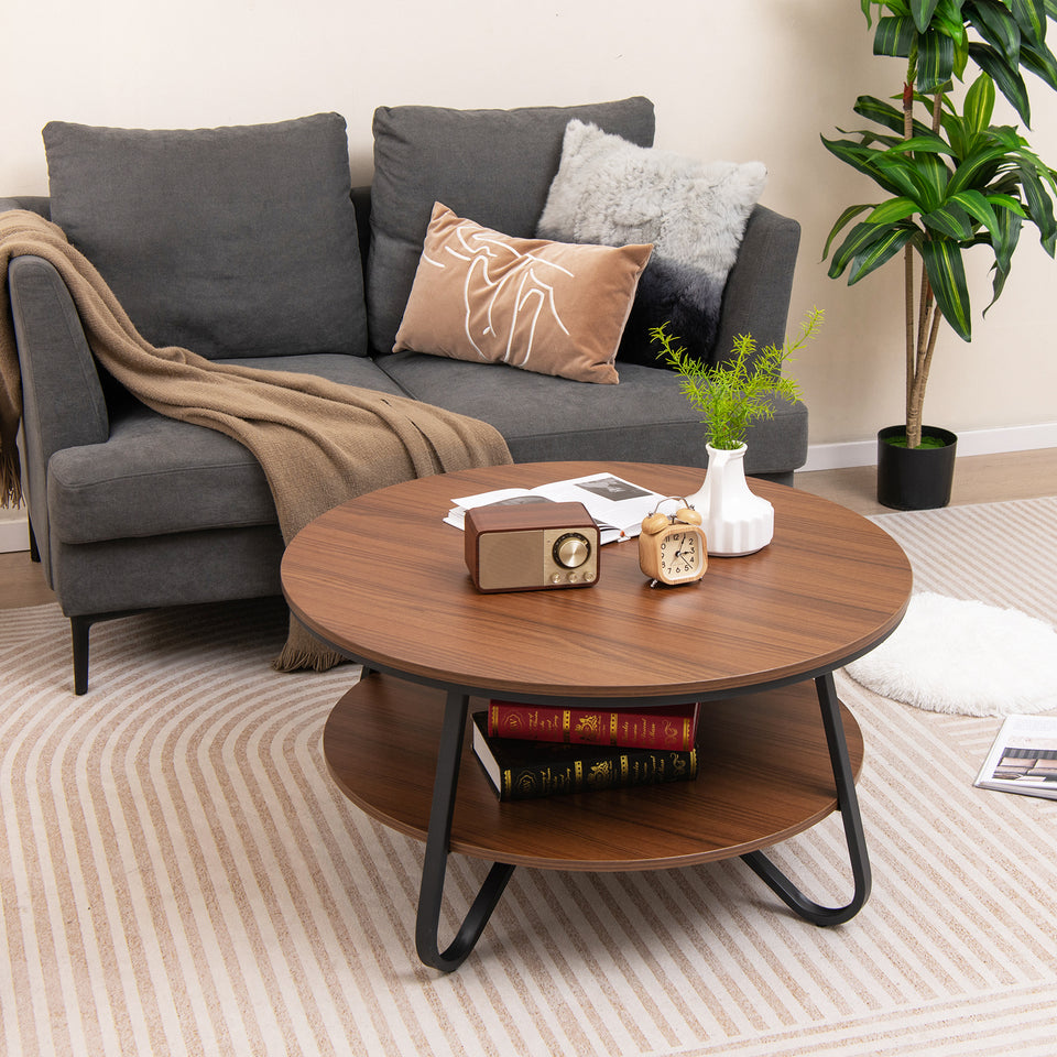 Costway 2-Tier Round Coffee Table with Wood Grain Finish & Heavy-duty Metal Frame
