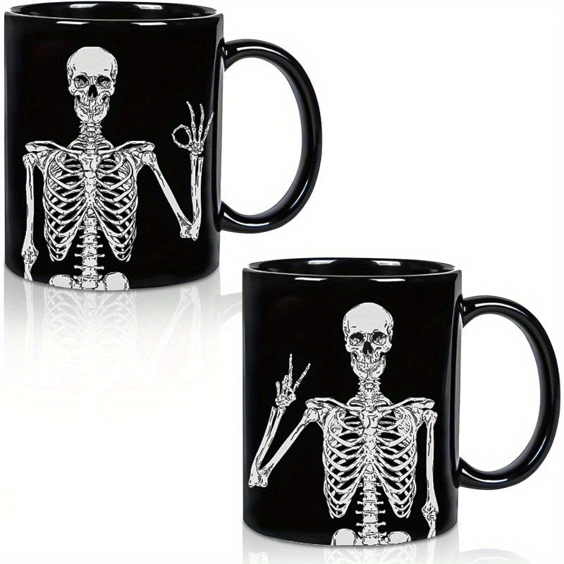 Skeleton-Themed Halloween Coffee Mug Set, 2pcs - 11Oz Ceramic Cups For Home, Office & School, Dishwasher Safe, Reusable