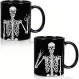 Skeleton-Themed Halloween Coffee Mug Set, 2pcs - 11Oz Ceramic Cups For Home, Office & School, Dishwasher Safe, Reusable