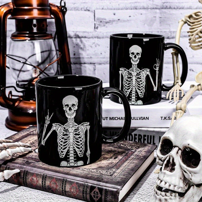 Skeleton-Themed Halloween Coffee Mug Set, 2pcs - 11Oz Ceramic Cups For Home, Office & School, Dishwasher Safe, Reusable