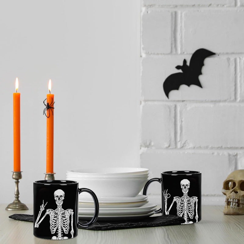Skeleton-Themed Halloween Coffee Mug Set, 2pcs - 11Oz Ceramic Cups For Home, Office & School, Dishwasher Safe, Reusable