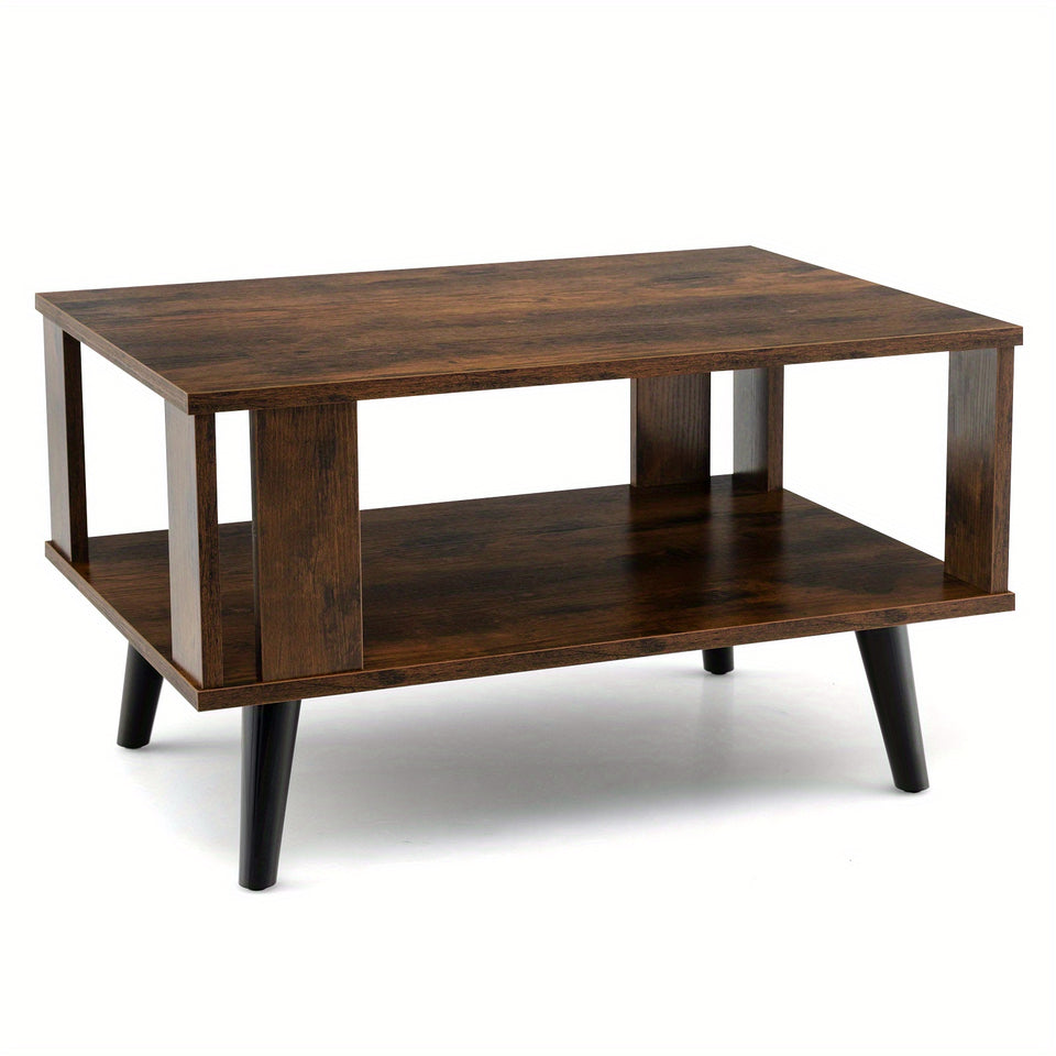 LIFEZEAL Coffee Table Retro Mid-Century Coffee Table W/ Storage Open Shelf Living Room