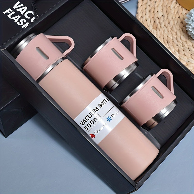 1set Stainless Steel Thermal Mug Set, 500ml/16.9oz Vacuum Insulated Water Flask with 3 Cups, Stainless Steel Car Flask Holder for Coffee & Cold Drinks, Ideal for Back to School Supplies