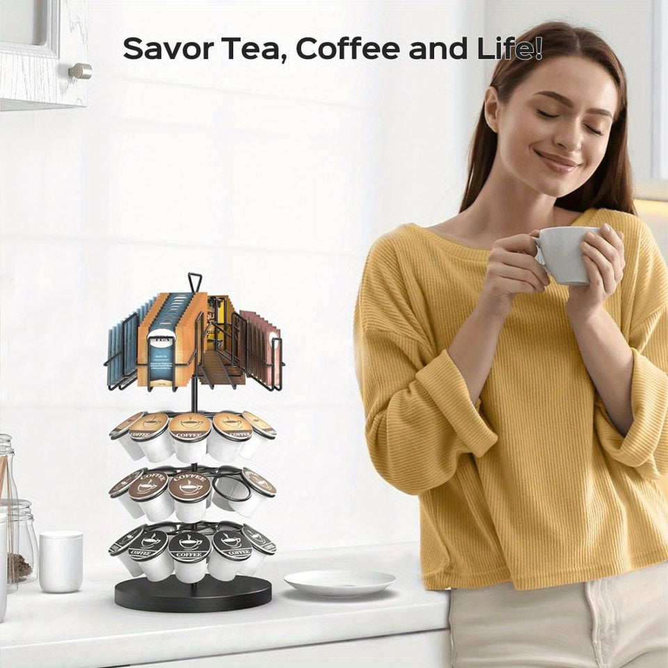 ULG K Cup & Tea Bag Holder, Spins 360-Degrees Storages 20/30 K-cups and 60 Tea Bags- Tea Organizer for Tea Bags & Coffee Pod Carousel Stand for Kitchen Office Countertop Coffee Bar or Coffee Station, Black