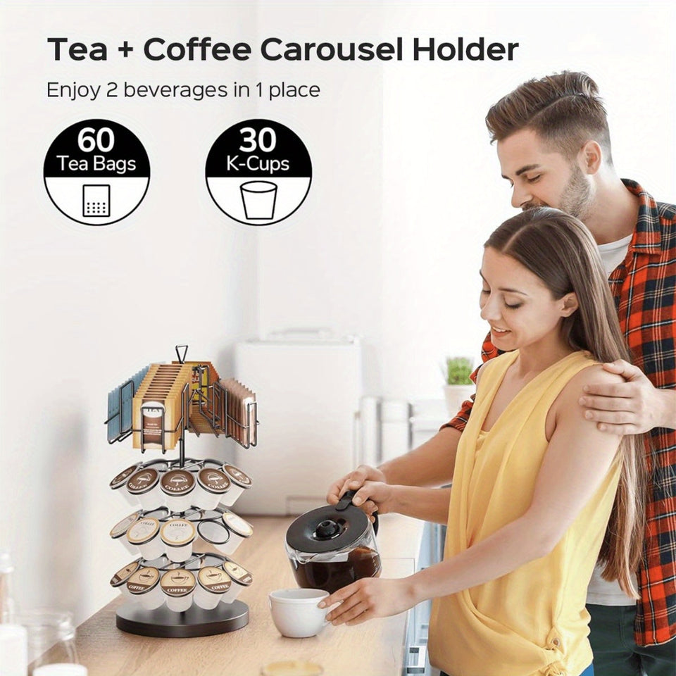 ULG K Cup & Tea Bag Holder, Spins 360-Degrees Storages 20/30 K-cups and 60 Tea Bags- Tea Organizer for Tea Bags & Coffee Pod Carousel Stand for Kitchen Office Countertop Coffee Bar or Coffee Station, Black