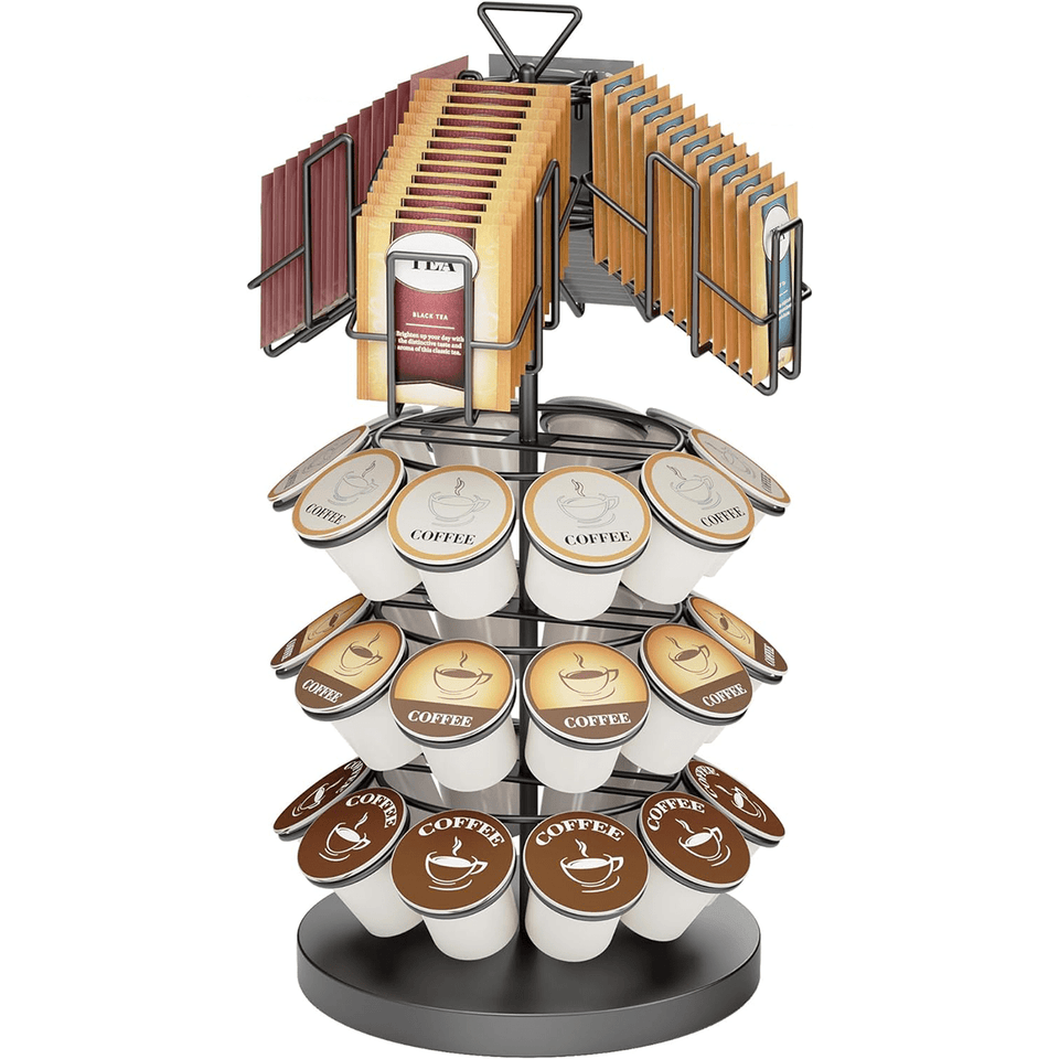 ULG K Cup & Tea Bag Holder, Spins 360-Degrees Storages 20/30 K-cups and 60 Tea Bags- Tea Organizer for Tea Bags & Coffee Pod Carousel Stand for Kitchen Office Countertop Coffee Bar or Coffee Station, Black