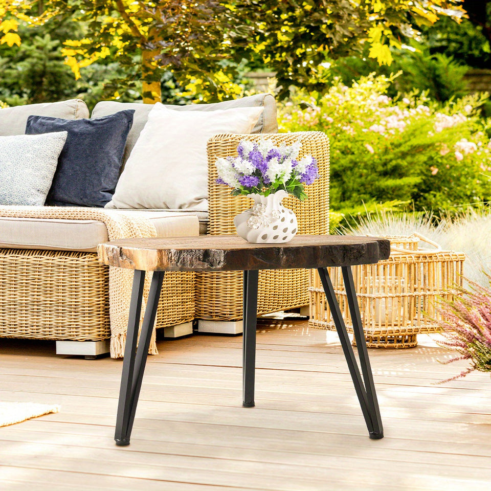 Outdoor Indoor Coffee Table, 19" Wooden Look Coffee Table, Concrete Outdoor Side Table, Modern Round Metal Coffee Table for Livingroom Bedroom, Garden, Backyard