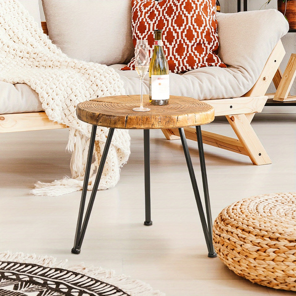 Outdoor Indoor Coffee Table, 19" Wooden Look Coffee Table, Concrete Outdoor Side Table, Modern Round Metal Coffee Table for Livingroom Bedroom, Garden, Backyard