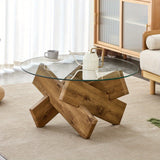 Circular glass coffee table, 33.4-inch modern and distinctive design tea table. Tempered glass countertop, wood colored MDF table legs. Suitable for living rooms and farmhouses Christmas, Halloween Gift