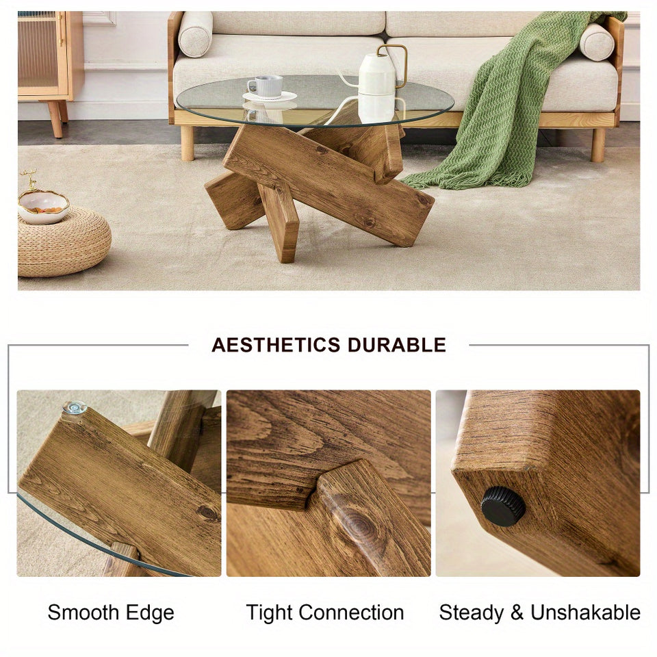 Circular glass coffee table, 33.4-inch modern and distinctive design tea table. Tempered glass countertop, wood colored MDF table legs. Suitable for living rooms and farmhouses Christmas, Halloween Gift