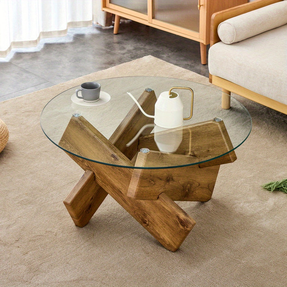 Circular glass coffee table, 33.4-inch modern and distinctive design tea table. Tempered glass countertop, wood colored MDF table legs. Suitable for living rooms and farmhouses Christmas, Halloween Gift