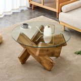 Circular glass coffee table, 33.4-inch modern and distinctive design tea table. Tempered glass countertop, wood colored MDF table legs. Suitable for living rooms and farmhouses Christmas, Halloween Gift