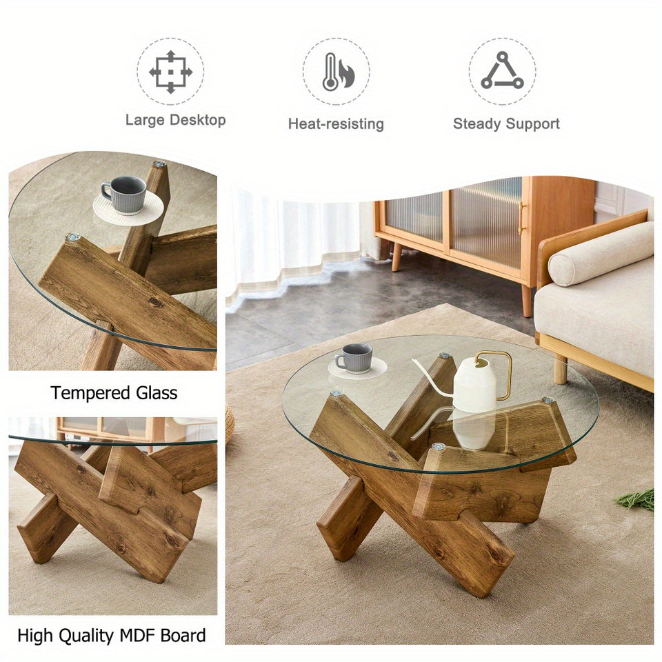 Circular glass coffee table, 33.4-inch modern and distinctive design tea table. Tempered glass countertop, wood colored MDF table legs. Suitable for living rooms and farmhouses Christmas, Halloween Gift