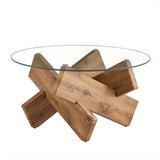 Circular glass coffee table, 33.4-inch modern and distinctive design tea table. Tempered glass countertop, wood colored MDF table legs. Suitable for living rooms and farmhouses Christmas, Halloween Gift