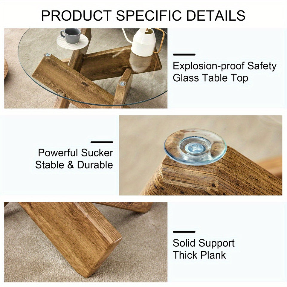 Circular glass coffee table, 33.4-inch modern and distinctive design tea table. Tempered glass countertop, wood colored MDF table legs. Suitable for living rooms and farmhouses Christmas, Halloween Gift