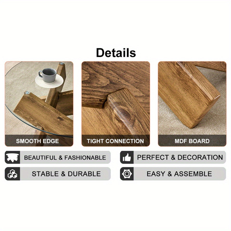 Circular glass coffee table, 33.4-inch modern and distinctive design tea table. Tempered glass countertop, wood colored MDF table legs. Suitable for living rooms and farmhouses Christmas, Halloween Gift