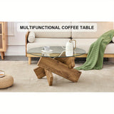 Circular glass coffee table, 33.4-inch modern and distinctive design tea table. Tempered glass countertop, wood colored MDF table legs. Suitable for living rooms and farmhouses Christmas, Halloween Gift