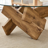 Circular glass coffee table, 33.4-inch modern and distinctive design tea table. Tempered glass countertop, wood colored MDF table legs. Suitable for living rooms and farmhouses Christmas, Halloween Gift