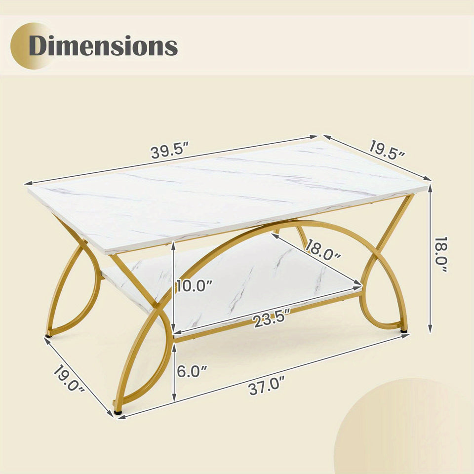 Coffee Table Modern Marble 2-Tier Coffee Table Golden Rectangle for Living Room