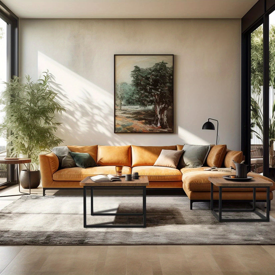 Set of 2 Modern Square Coffee Table Set for Living Room, Easy Assembly Nesting Coffee Tables, Walnut Color Circle End Side Table