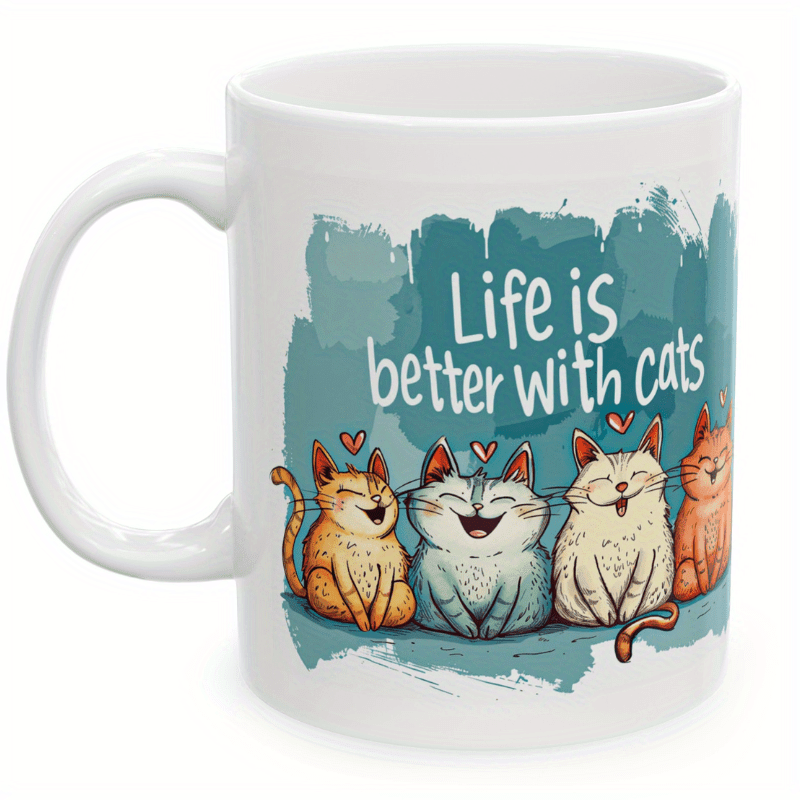 11oz Ceramic Coffee Mug with Cats - Dishwasher and Microwave Safe - Perfect Gift for Cat Lovers - Sublimation Printed White Tea Cup