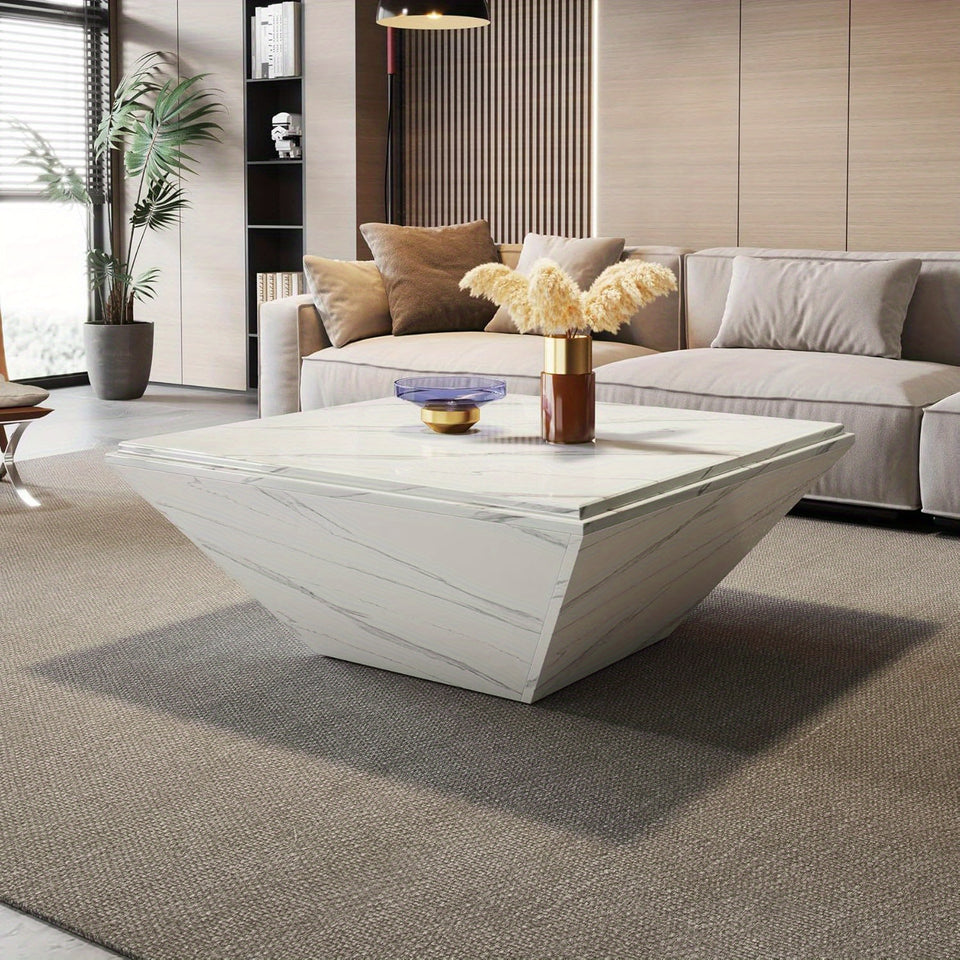 LITTLE TREE coffee table, 35.43 inch square coffee table with artificial marble tabletop, modern central table in living room, large engineered wood cocktail table, white