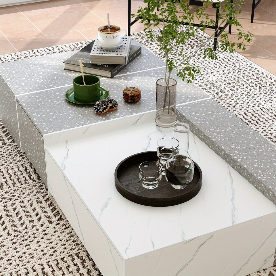 Modern coffee table with 4 drawers, rectangular central table with storage in living room and office, modern living room table, stone pattern, grey and white