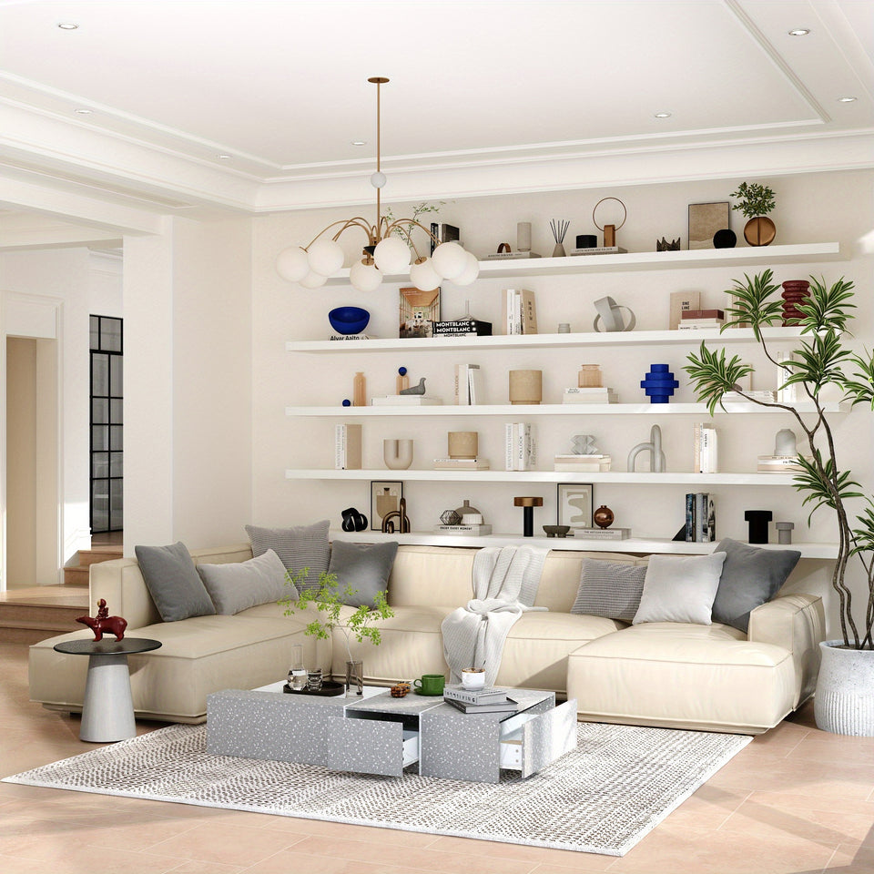 Modern coffee table with 4 drawers, rectangular central table with storage in living room and office, modern living room table, stone pattern, grey and white