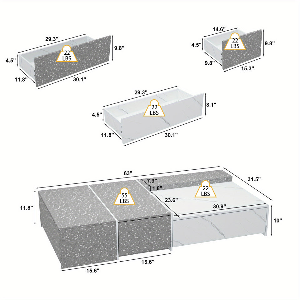 Modern coffee table with 4 drawers, rectangular central table with storage in living room and office, modern living room table, stone pattern, grey and white