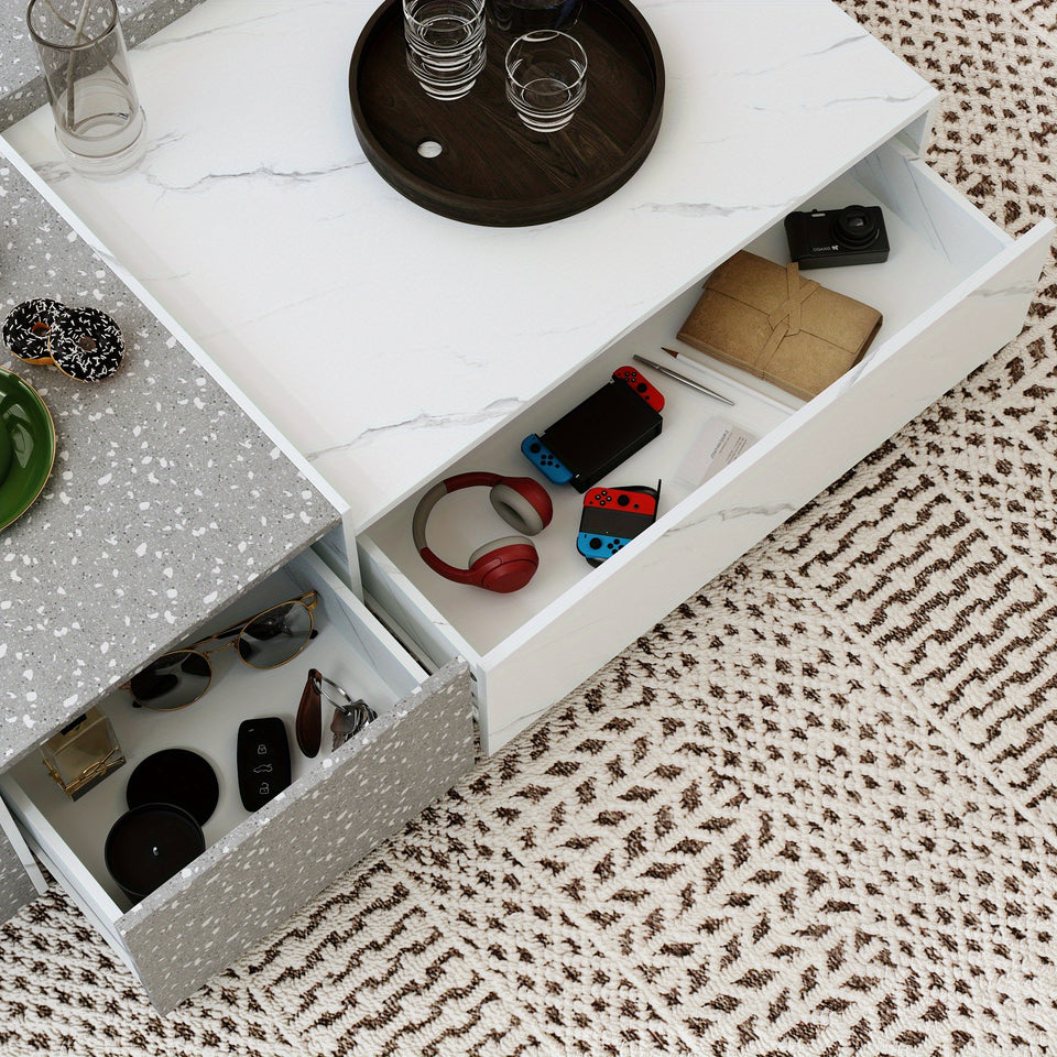 Modern coffee table with 4 drawers, rectangular central table with storage in living room and office, modern living room table, stone pattern, grey and white