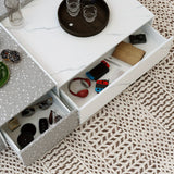 Modern coffee table with 4 drawers, rectangular central table with storage in living room and office, modern living room table, stone pattern, grey and white