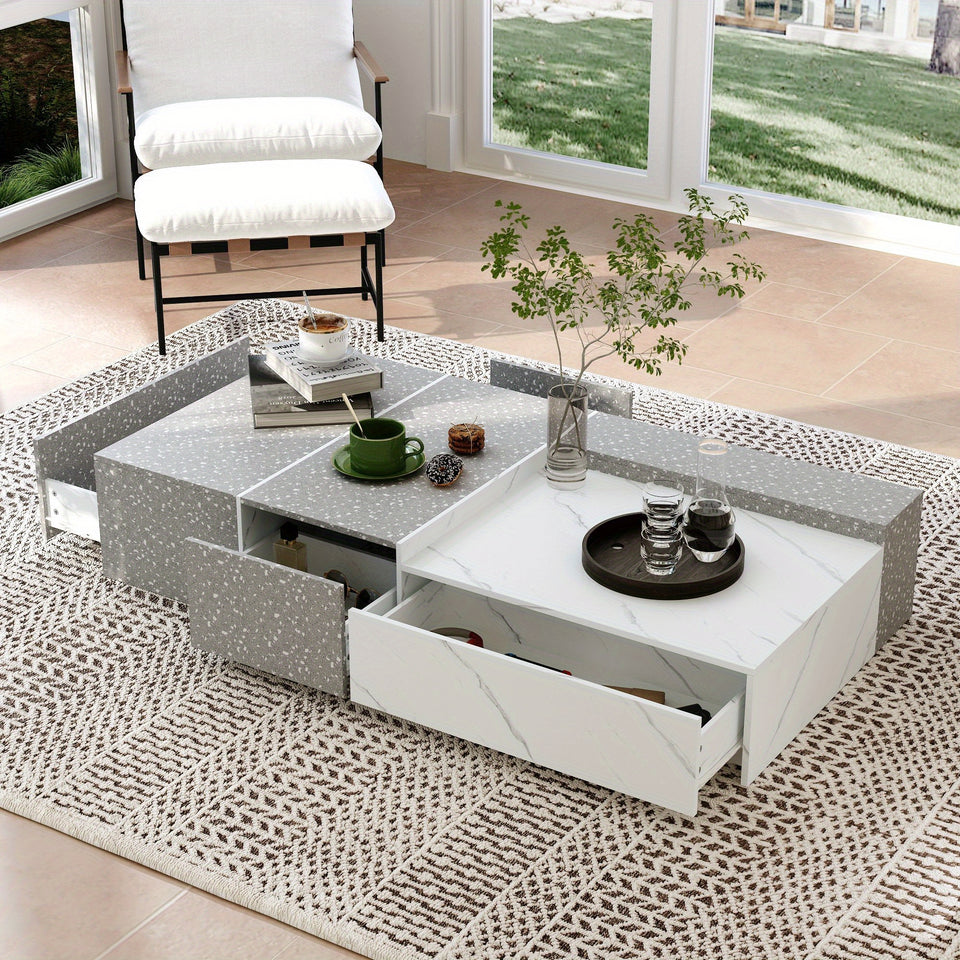 Modern coffee table with 4 drawers, rectangular central table with storage in living room and office, modern living room table, stone pattern, grey and white