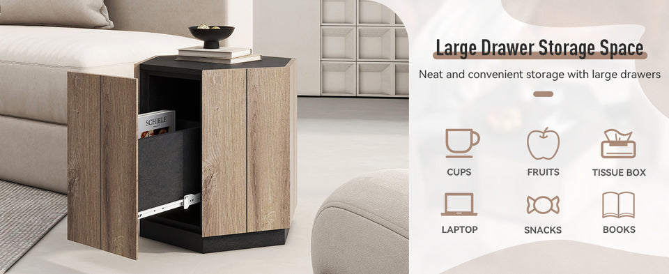 Hexagonal Coffee Tables with Drawer for living Room, Warm Gray and Black Center Table Apartment Furniture