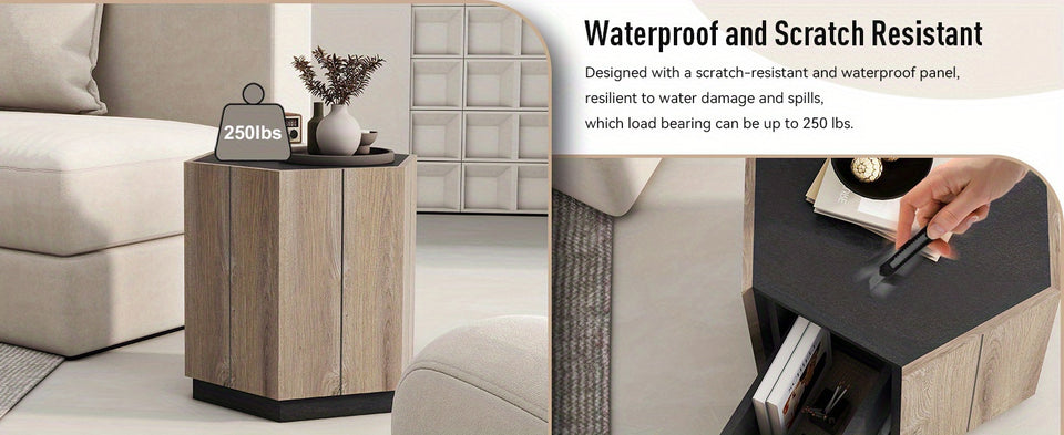 Hexagonal Coffee Tables with Drawer for living Room, Warm Gray and Black Center Table Apartment Furniture