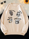 [100% Polyester Long Sleeve Sweatshirt] Casual Crew Neck Sweatshirt with Cute Cat in Coffee Cup Print - 100% Polyester Knit Fabric, Long Sleeve Pullover for All Seasons, Animal Pattern, Comfort Style Top for Women
