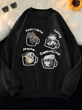 [100% Polyester Long Sleeve Sweatshirt] Casual Crew Neck Sweatshirt with Cute Cat in Coffee Cup Print - 100% Polyester Knit Fabric, Long Sleeve Pullover for All Seasons, Animal Pattern, Comfort Style Top for Women
