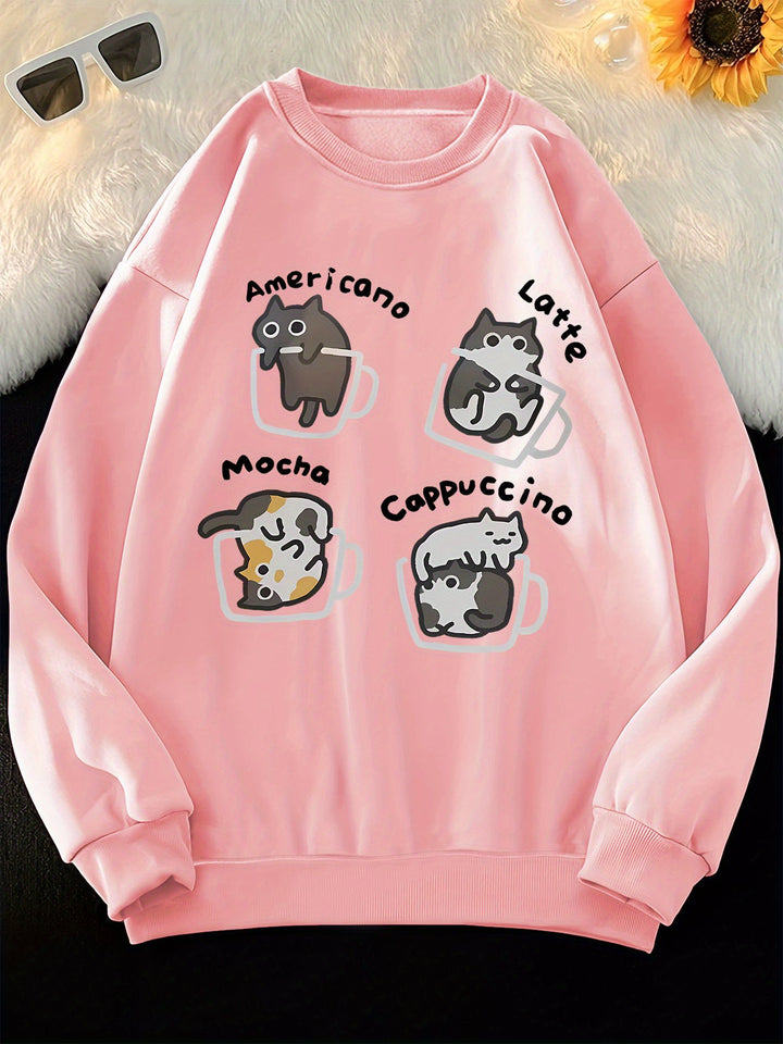 [100% Polyester Long Sleeve Sweatshirt] Casual Crew Neck Sweatshirt with Cute Cat in Coffee Cup Print - 100% Polyester Knit Fabric, Long Sleeve Pullover for All Seasons, Animal Pattern, Comfort Style Top for Women