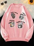 [100% Polyester Long Sleeve Sweatshirt] Casual Crew Neck Sweatshirt with Cute Cat in Coffee Cup Print - 100% Polyester Knit Fabric, Long Sleeve Pullover for All Seasons, Animal Pattern, Comfort Style Top for Women