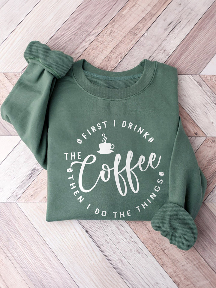Women's Casual Crew Neck Sweatshirt with Coffee Graphic - Long Sleeve, Polyester Blend, Machine Washable - Perfect for Spring & Fall