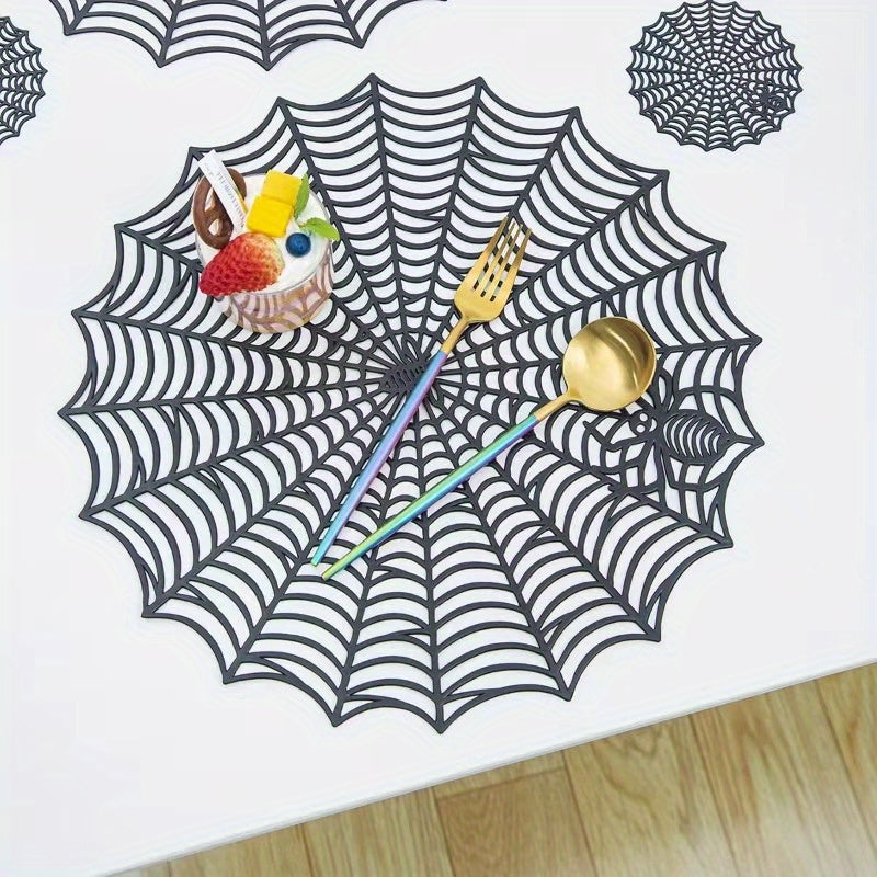 PVC Spider Web Placemats - 1pc Black Hollow Non-Slip Insulation Mat for Halloween Decor, Kitchen, Dining Table, Restaurant